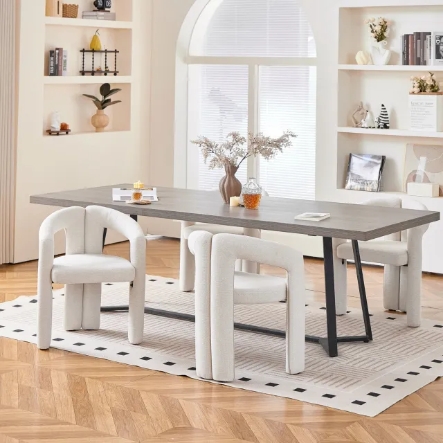 MODFU Eetkamerstoel - Armleuningen - Minimalistisch - Chenillestof - Beige - Set Van 4