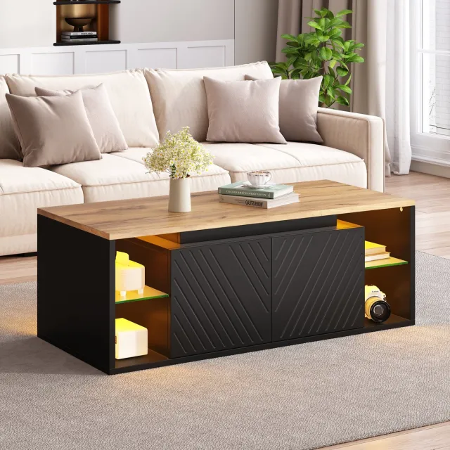 FloraGrace Salontafel - Ledverlichting En Opbergruimte Met 2 Deuren - Voor Moderne Woonkamer - Spaanplaat - 100 x 50 x 41 cm - Zwart