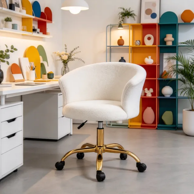 MIVRAY Bureaustoel 58 x 56 x 68-76 cm - In Hoogte Verstelbaar en Draaibaar - Voor Kantoor - Teddystof en Staal - Wit en Goud