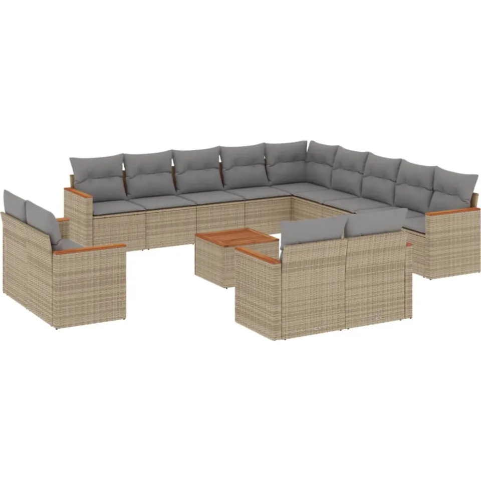 vidaXL 14-delige Loungeset met kussens poly rattan beige, foto 3