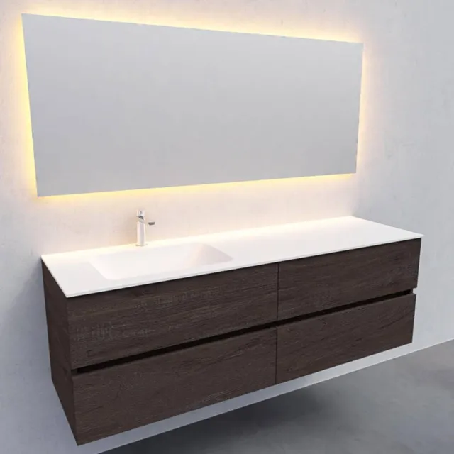 Boss & Wessing Badkamermeubel Solid Surface AQS Oslo 150x46 cm Links Wood Dark Brown 4 Laden Boss & Wessing Houtlook