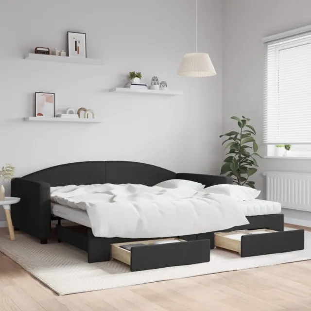 vidaXL Slaapbank met onderschuifbed en lades 100x200 cm stof zwart