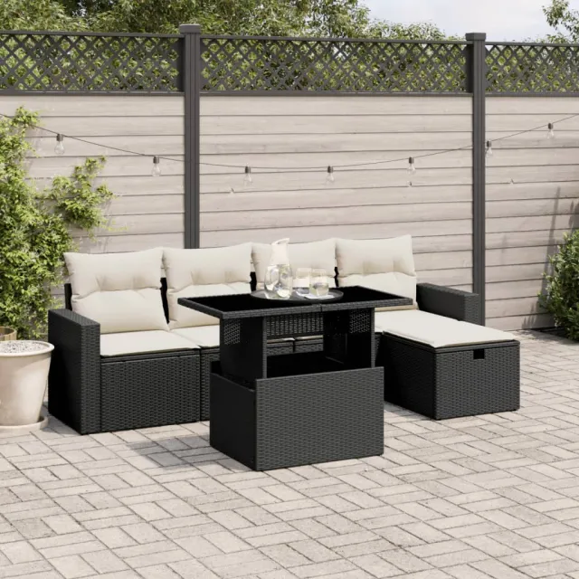 vidaXL 6-delige Loungeset met kussens poly rattan zwart, foto 2