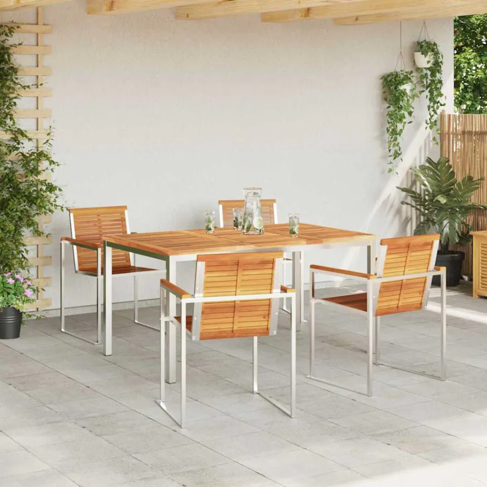 vidaXL Tuin eettafelset 5 st Massief acaciahout en roestvrij staal, foto 3