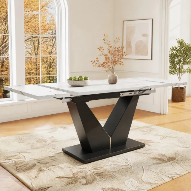COVREO Eettafel 99-159x75x75 cm wit en zwart met MDF tafelblad, marmerlook fineer en uitschuifbaar ontwerp White+Black