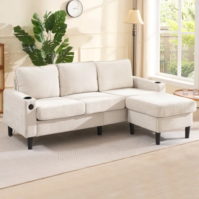 Zubaliya L-vorm slaapsofa met USB- en Type-C aansluitingen - woonkamer, slaapkamer, lounge - 3 personen, 202x137x80 cm - beige - 2 drankhouders en opbergvakken - stevig hout- en metaal frame - modulaire voetenbank