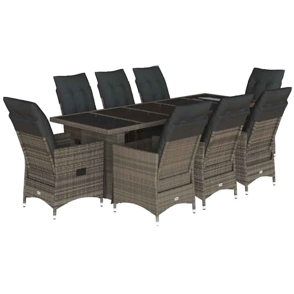 vidaXL 9-delige Bistroset met kussens poly rattan grijs