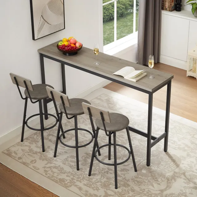MODENUIT Bartafelset - Met 3 Barkrukken En Rugleuning - Voor Keuken En Woonkamer - Grijs Zwart - 160x40x94,5 Cm