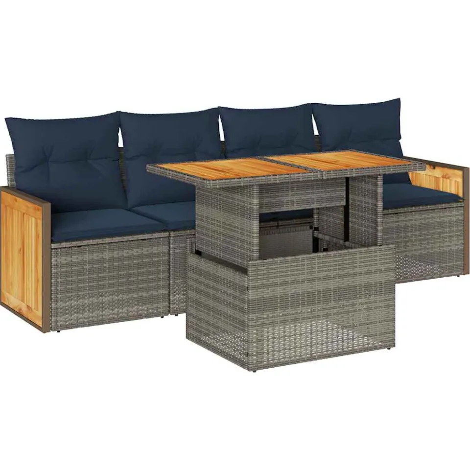 vidaXL 5-delige Loungeset met kussens poly rattan acacia grijs, foto 3