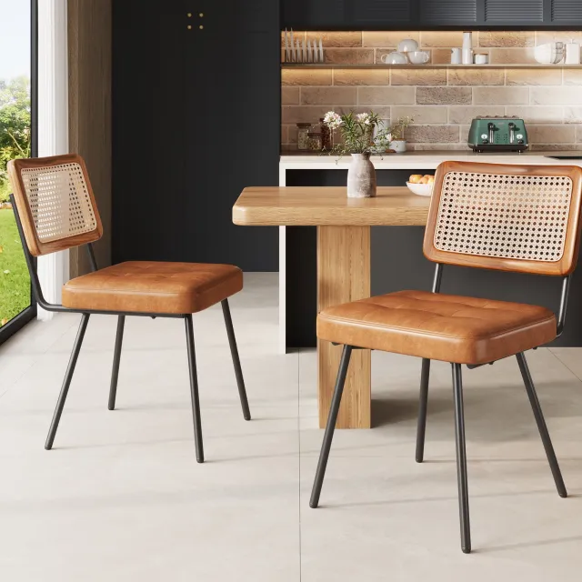 Maisentiel Eetkamerstoelen set van 2 – bruin kunstleer en rotan – 61 x 46 x 79 cm