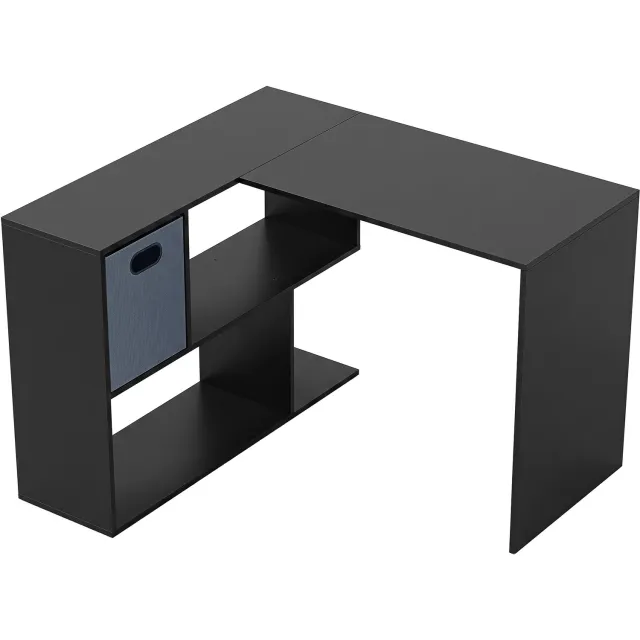MUVANO Hoekbureau - Met stoffen lade - Vier open opbergvakken - Spaanplaat met melamine - 110 x 100 x 75 cm - Werken en studeren - Werkkamer of slaapkamer zwart