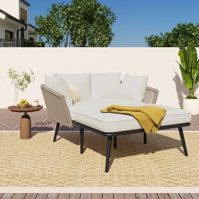 DESMIU Loungeset 130 x 100 x 67 cm - Chaise Longue Met Afneembare En Wasbare Kussens - Voor Tuin, Balkon En Zwembad - Polyester Khaki beige