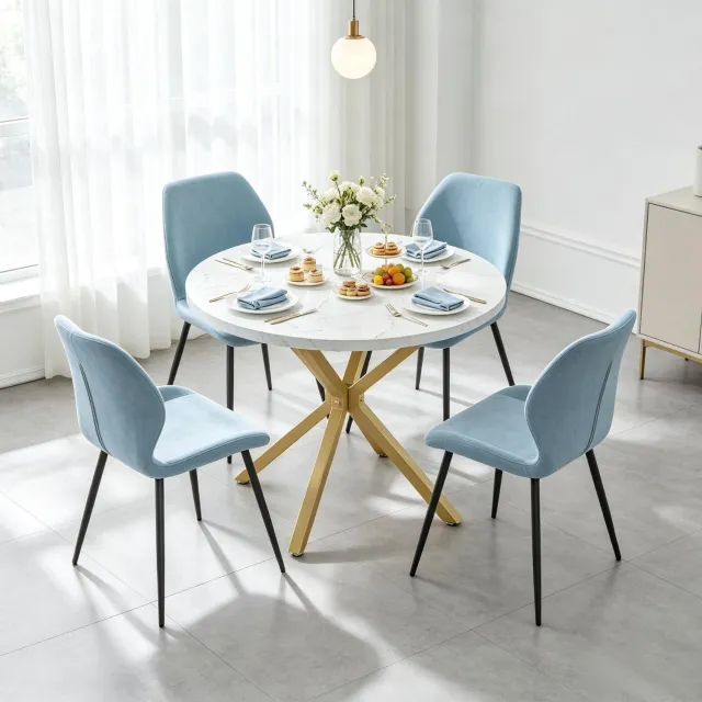 MODENUIT Eettafel - Rond Met Marmerlook - Voor Keuken En Eetkamer - Staal En Hout - Wit En Goud - 100 Cm