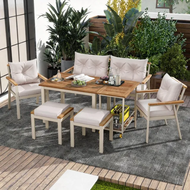 Merax 6-7 persoons patio eettafel en stoelen set - tuinmeubilair - met armstoelen en verwijderbare serveerwagen - afneembare en wasbare hoezen Beige en Houtkleur