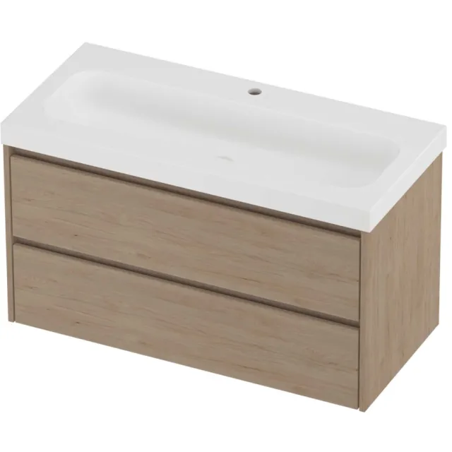 Proline Haga Badmeubelset Polystone Mezza 1 Kraangat Symmetrisch 100x46x58 cm Mat White Ideal Oak Eiken