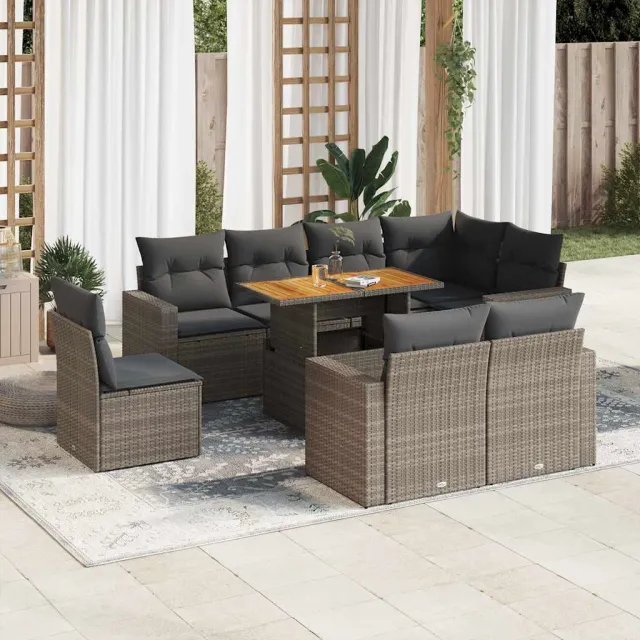 vidaXL 9-delige Loungeset met kussens poly rattan grijs, foto 2