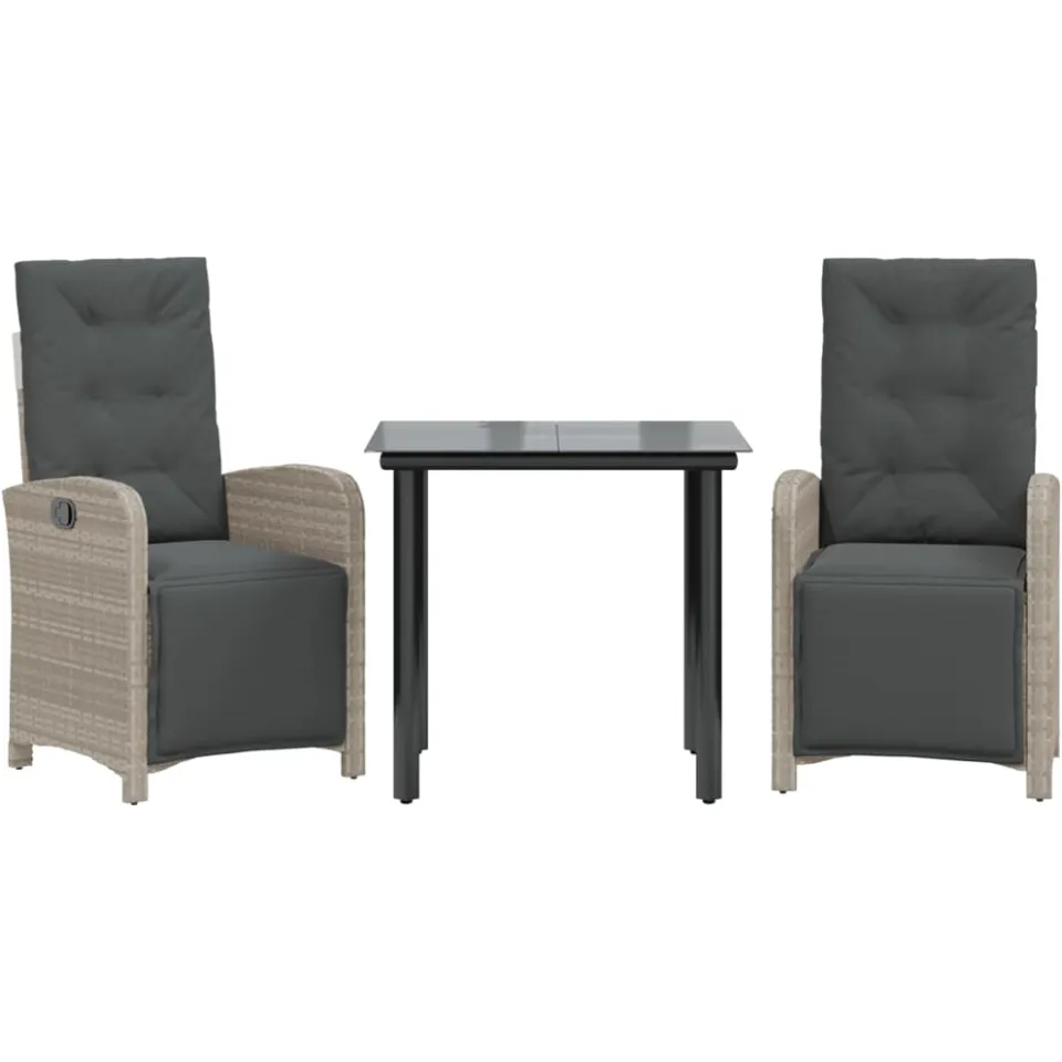 vidaXL 3-delige Bistroset met kussens poly rattan lichtgrijs grijs, foto 3