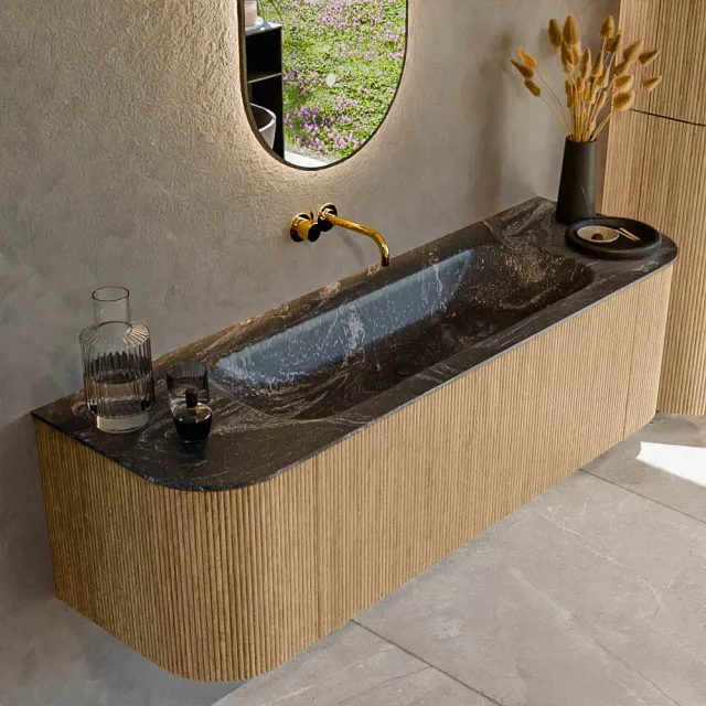 Mondiaz KURVE-DLUX 150 cm Onderkast Greeploos 1 Lade Met Deuren Oak, Wastafel Solid Surface Midden Lava 0 Kraangaten Zonder Spiegel (KRVBGM150L+R1L2D0KM-Oak/Lav)