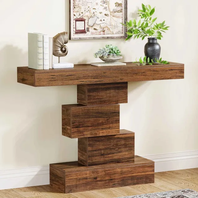 C. , R. E. CORE Consoletafel - Geometrische design voet - Haltafel - Gangtafel - Entreetafel - Gangmeubel - 108x30x80cm - Chocolade Bruin
