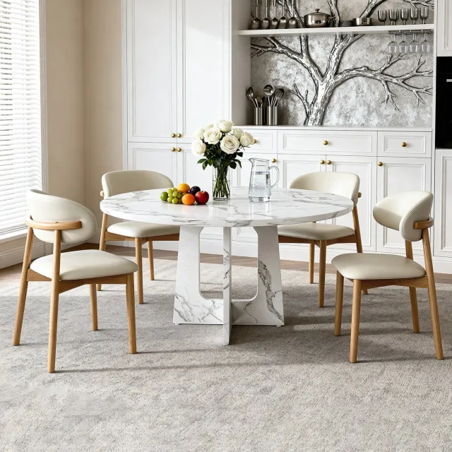 MODENUIT Eettafelset - Ronde Tafel met 4 Stoelen - Voor Eetkamer en Woonruimte - Hout - Wit - 120x120x76 cm