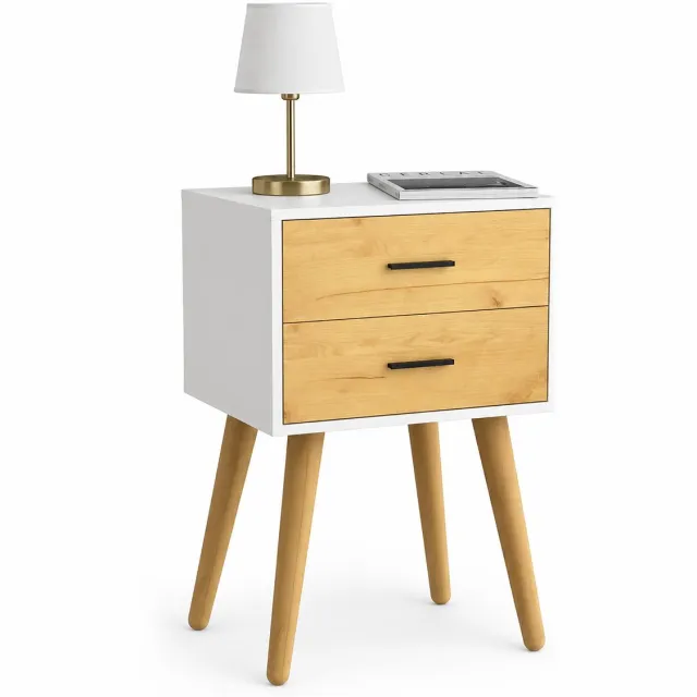 Vcm Nachttisch mit 2 Schubladen, 45 x 30 x 70 cm, Beistelltisch im Retro-Design mit Holzfüßen - Singol Weiß / Honig-Eiche