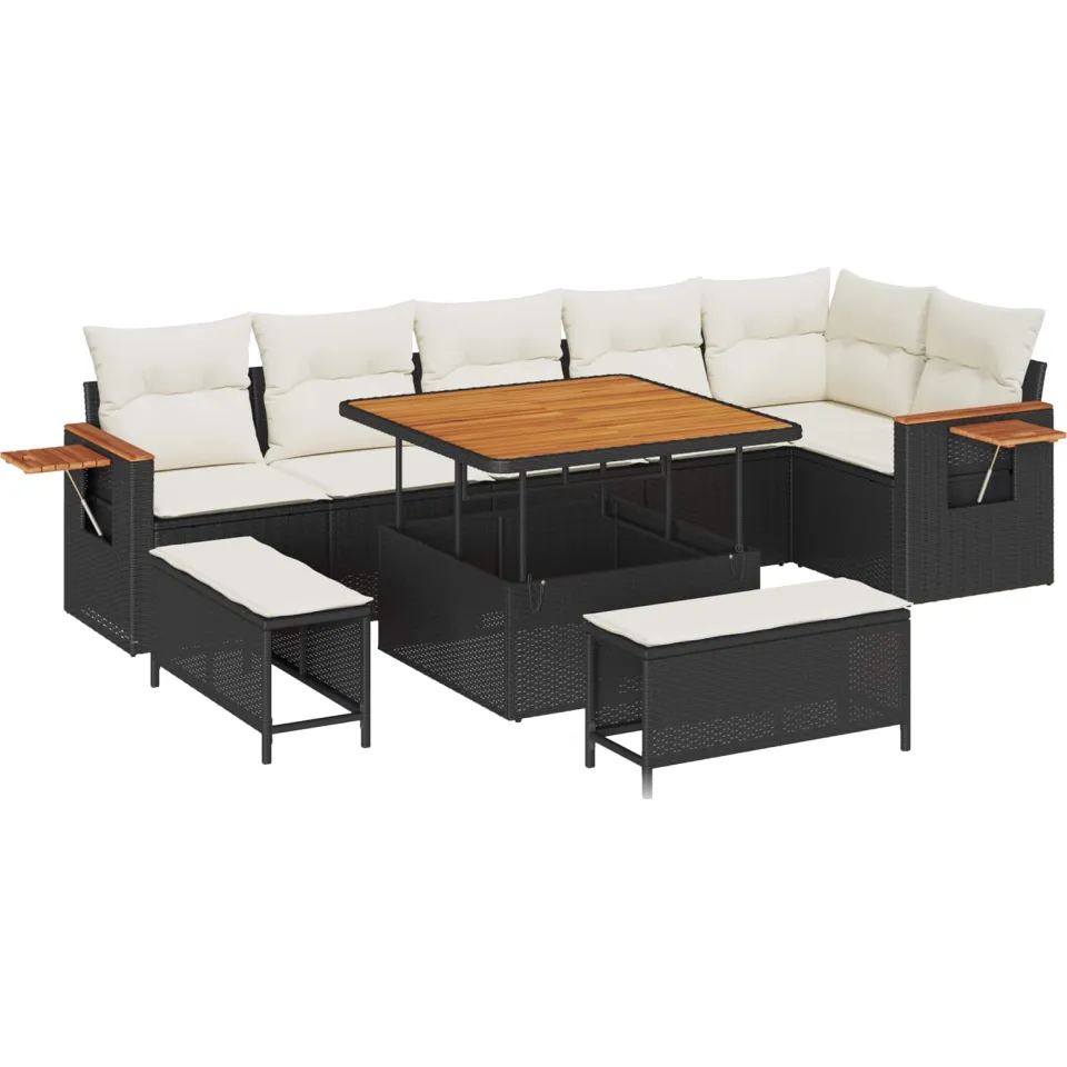 vidaXL Tuinbankenset 9 st Zwart poly rattan, foto 4