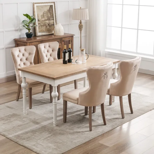 Welltin Eetkamerstoel - 4 stuks - keukenstoel, woonkamerstoel met unieke deurklopper aan de achterkant - gestoffeerde stoel met siernagels, massief houten poten, fluwelen bekleding, Beige