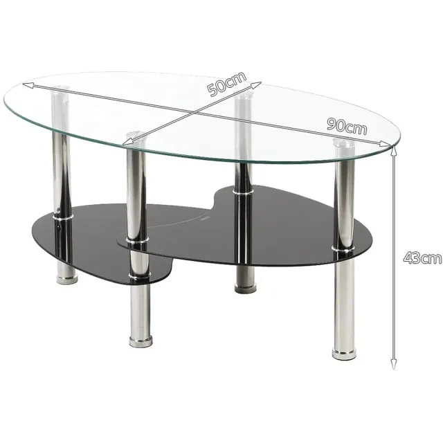M Goods M-Goods Salontafel Rond Ovaal Glas - 3 Niveaus met Opbergruimte - Moderne Glazen Salontafel Zwart - 90x50x43 cm Zwart / Transparant / Chroom