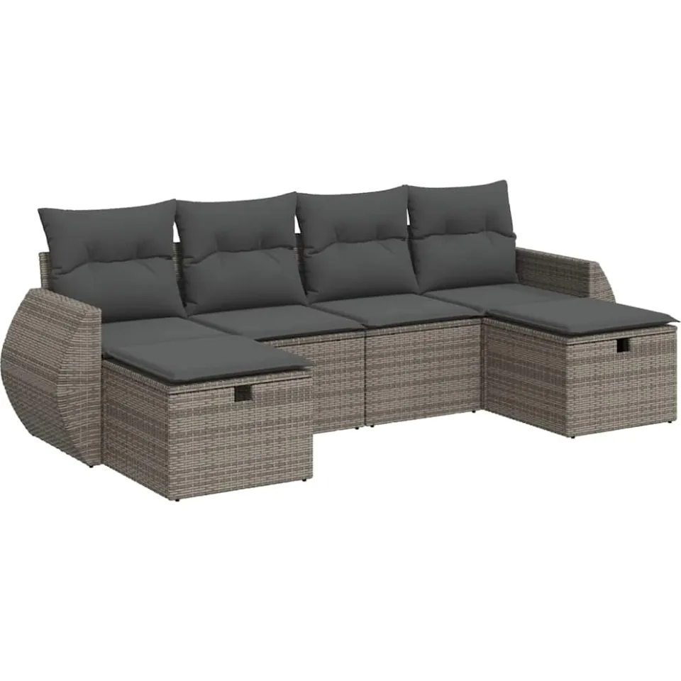 vidaXL 6-delige Loungeset met kussens poly rattan grijs, foto 3