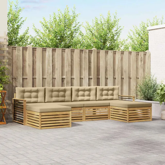 vidaXL Buiten bankenset 6 st 4-zits Wit en Beige Massief Acaciahout