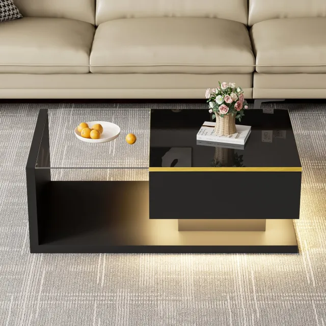 STILVORA Salontafel - Hoogglans En Mat Zwart Met Gehard Glas En Dimbare LED (16 Kleuren) - Met Opbergruimte En Open Planken - Spaanplaat - 90x50x32,5 cm - Zwart