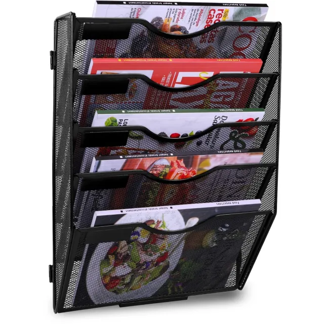 Famanu Wandgemonteerde tijdschriftenhouder met 5 lagen, A4 formaat, mesh documenthouder en bestandsorganisator, zwart