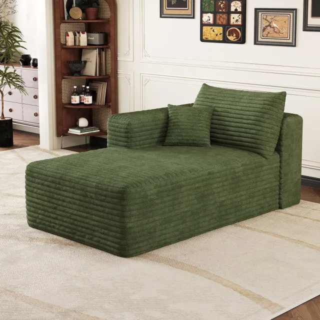 MEUNIQ links chaise longue sleeper 1-zits in groen corduroy stof, zonder montage, met armleuning voor woonkamer of slaapkamer