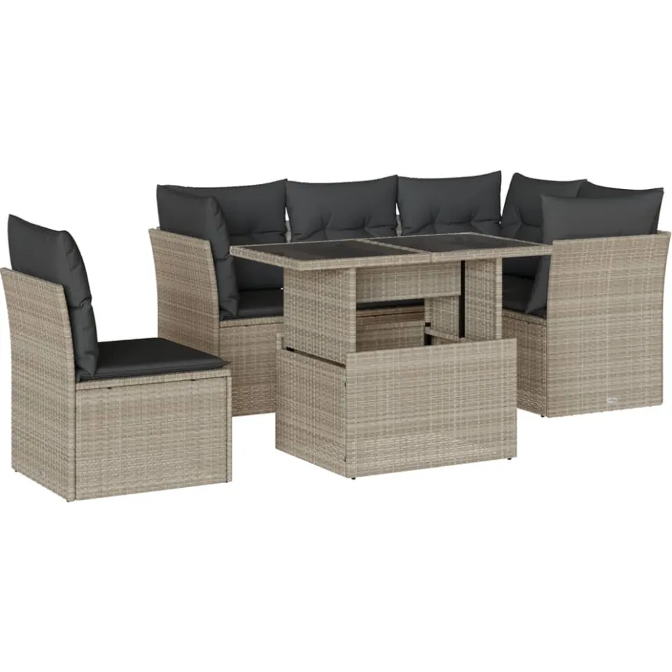 vidaXL 6-delige Loungeset met kussens poly rattan lichtgrijs grijs, foto 3