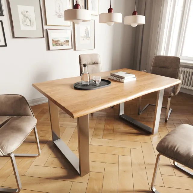 DELIFE Eettafel Edge acacia natuur 140x90 edelstaal smal Live-Edge Bruin