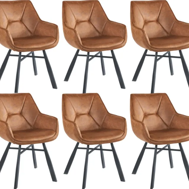 Colenis Solido Eetkamerstoel - Set van 6 - Cognac - Microfiber Stof - Industrieel - Met armleuning - Stoel