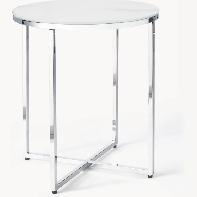 Westwing Collection Ronde bijzettafel Antigua met glazen tafelblad in marmerlook Wit, Zilverkleurig