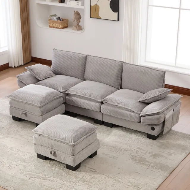 OKWISH Modulaire Hoekbank 260 X 132 X 84 Cm - 3-Zits Met 2 Hockers, Usb C En Zijvakken - Woonkamer Kantoor Lounge - Corduroy - Lichtgrijs Lichtgrijs, 3-zitsbank