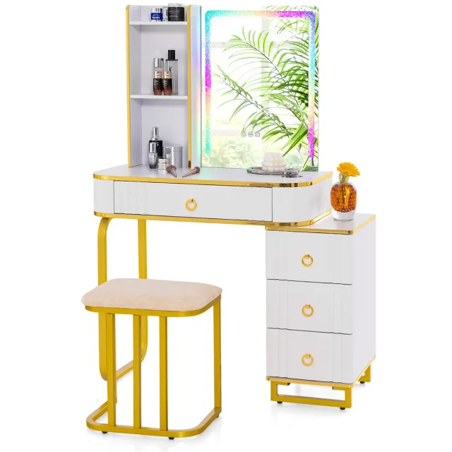 Costway Make-uptafel met ledverlichting, kaptafel met 7 dynamische en 7 statische dimbare ledlampen, draadloos laadstation, USB-poort en 4 laden, make-uptafel met kruk, wit
