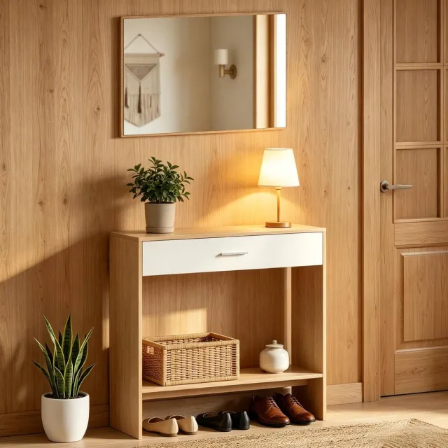 MODENUIT Sidetable 91,5 x 27,9 x 85,5 cm - Met Spiegel, Lade En Open Vak - Hal - Spaanplaat - Naturel Wit Eiken