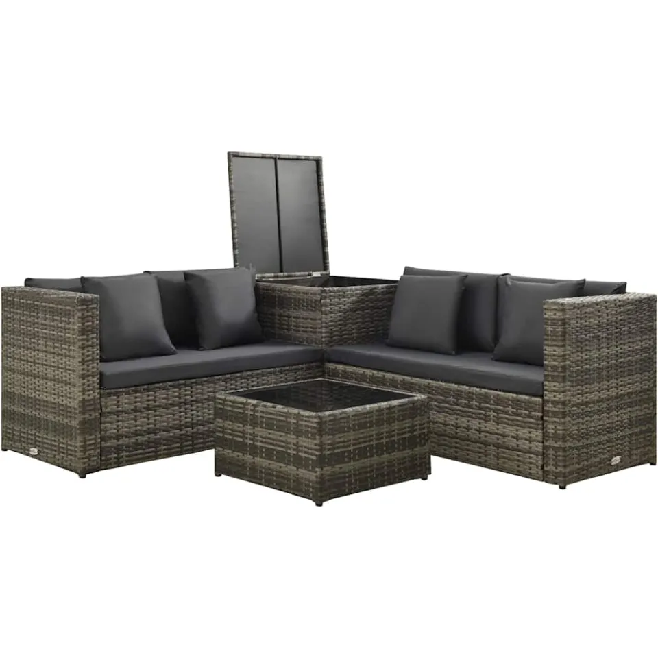 vidaXL 4-delige Loungeset met kussens poly rattan grijs