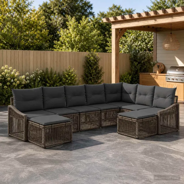 vidaXL Tuinbankenset 9 st 9-zits Grijs poly rattan, foto 2