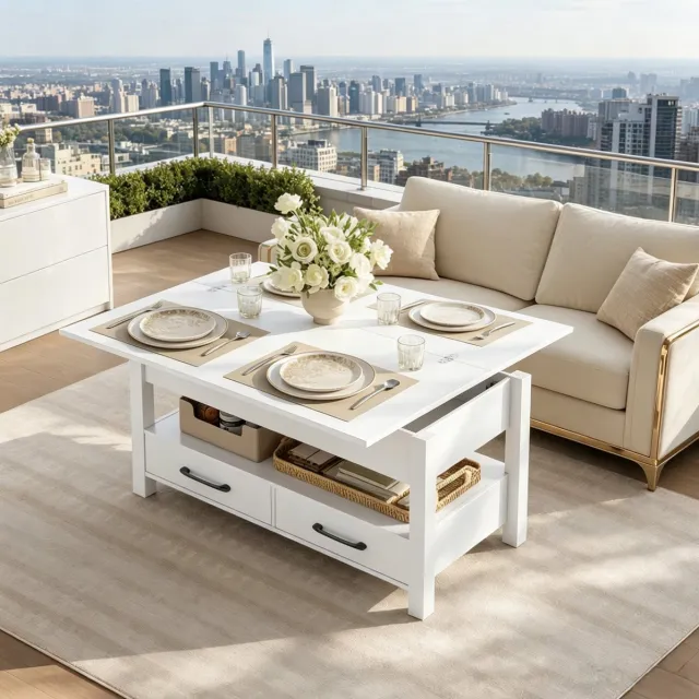 MIVRAY Salontafel - Uitschuifbaar Hefblad Met 2 Lades En Opbergruimte - Voor Woonkamer Eethoek En Tijdelijk Werken - Wit - 100x50,5x53 Cm