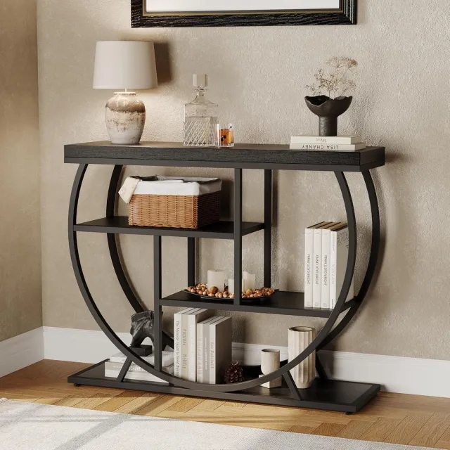 HOERFURIY 4-laags smalle haltafel met open opbergruimte - Industriële boerderijstijl consoletafel 39" - Metalen geometrisch frame, verstelbare poten - 100×80×30 cm - Zwart