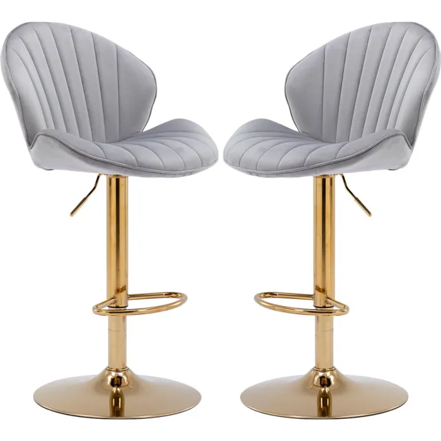 chairus Barkruk Set van 2 Barstoelen - Grijs - Velvet - Schelpvormige rugleuning - Armloze stoelen - Draaibare en in hoogte verstelbare - Met Metalen Onderstel en Voetsteun