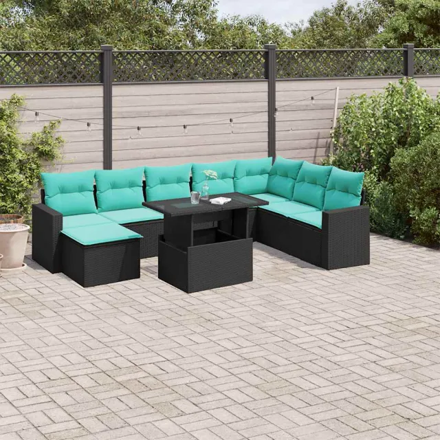 vidaXL 9-delige tuinbankset met kussens van zwart polyrotan, foto 2