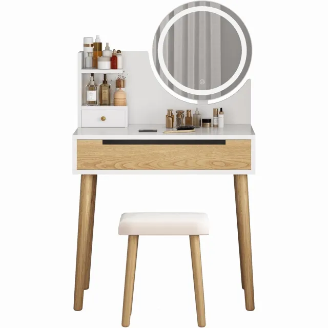 HOERFURIY Kaptafel met Verlichte Spiegel en Krukje - Wit - Make-up Tafel met 3 Lichtstanden - Touch Bediening - 70 cm Breed - Modern Design