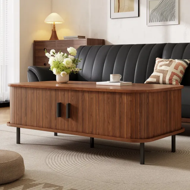 OKWISH Salontafel – Modern – Met 2 Schuifdeuren – Verborgen Opbergruimte – Walnootkleurig Houtlook – 120 × 55 × 45 Cm Walnut