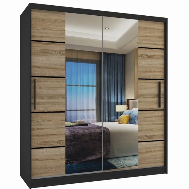 B BELINI GROUP BELINI Verona ME Schuifdeurkast 133 cm Zwart/Sonoma Eiken Mat - Kledingkast met Spiegel - Comfort Line Slaapkamerkast Zwart/Sonoma-eik