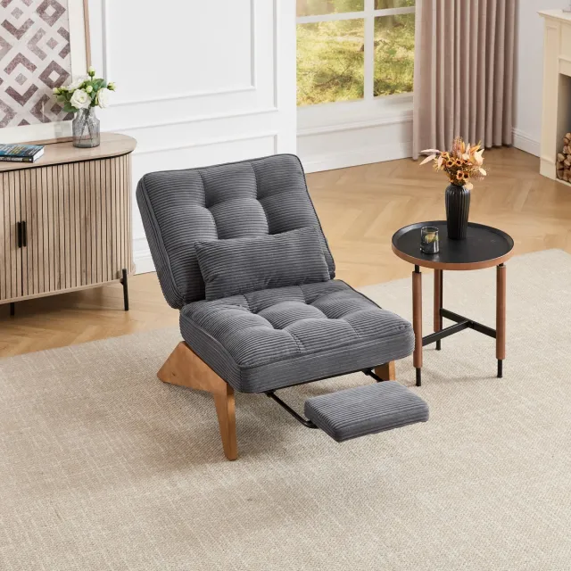 STILVORA Loungestoel - Verstelbare Rugleuning - Met Voetsteun en Lendenkussen - Voor Woonkamer, Slaapkamer en Studieruimte - Corduroy - Donkergrijs